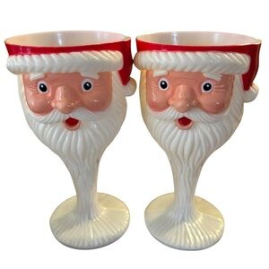 VTG Set Two Santa Beard Wine Glasses Red White Heavy Plastic  7” Retro Holiday